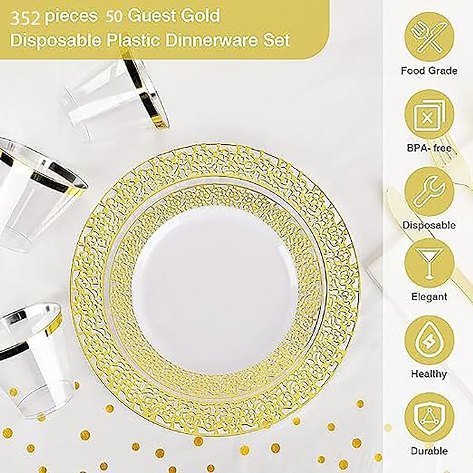 352 Piece Golden Dinnerware Set 50 Guests