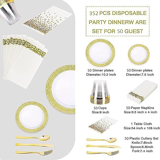 352 Piece Golden Dinnerware Set 50 Guests